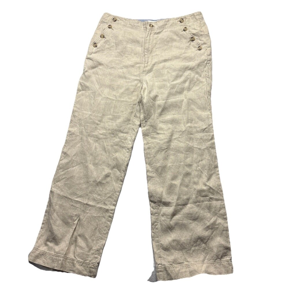 Sundance 100% Linen Khaki Beige Button Pockets Pants Wide Leg Size 16 Coastal